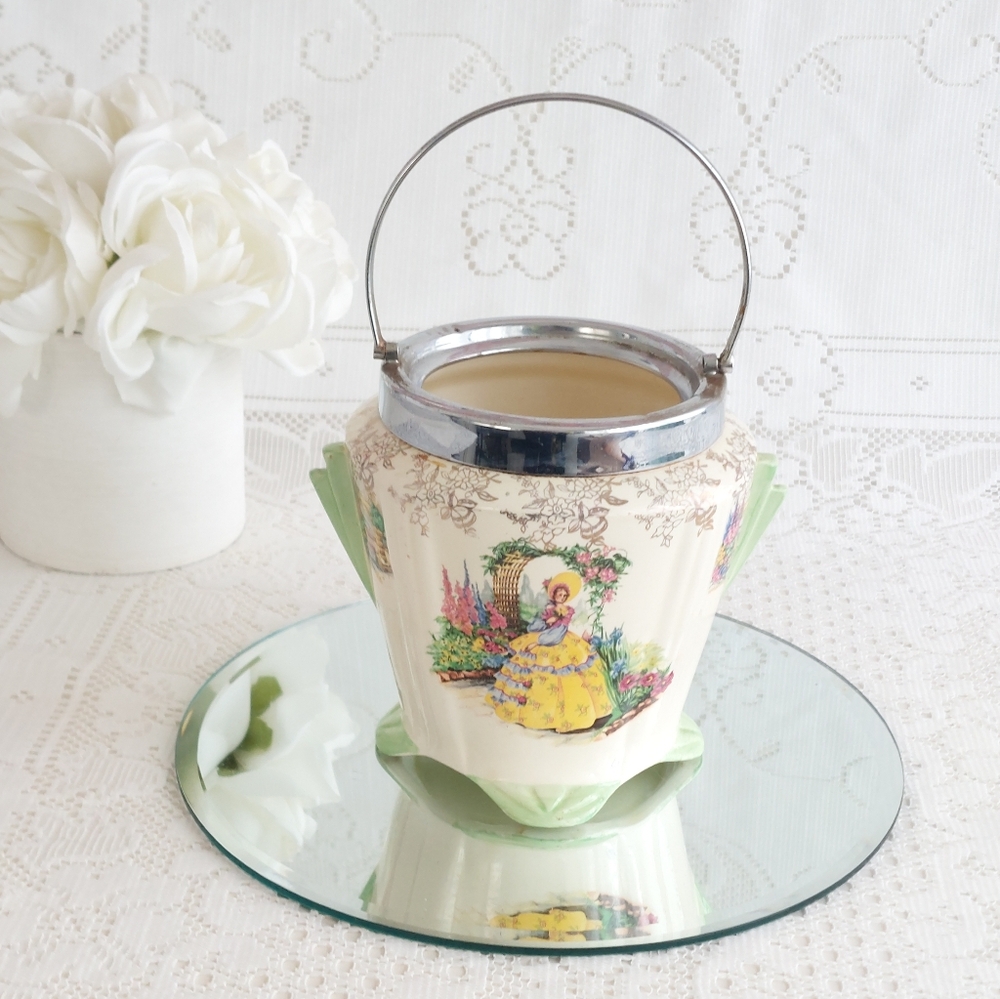 1930s Art Deco Weatherby Biscuit Barrel, Crinoline Lady Garden Scene Flower Vase